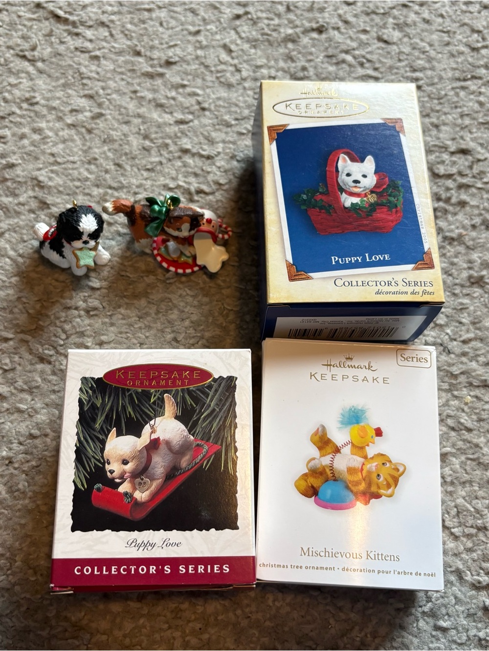 Hallmark Keepsake Puppy Love Ornament Set Bundle Dog Cat Christmas